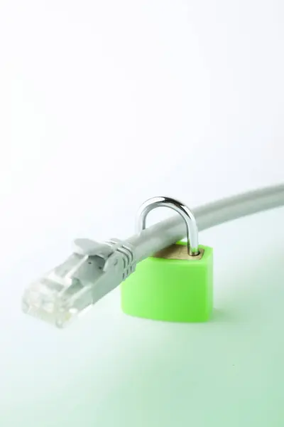 Computer Network Cable Lock White Background Secure Internet Connection Concept — Stock Photo, Image