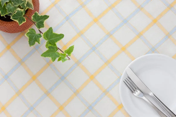 ホワイトプレートのフォークとナイフ テーブルの上のアイビー植物 — ストック写真