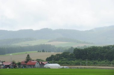 Yeşil dağlar köy ve bulutlu gökyüzü  