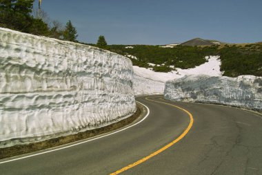 Kenarlarında kar olan kıvrımlı bir yol.
