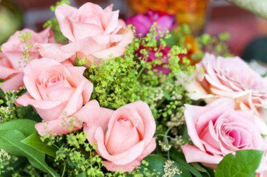 Güzel çiçeklere yakın, parlak güllere