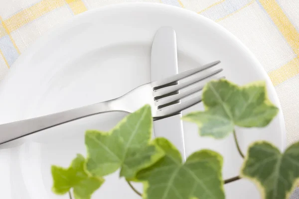 Fork Knife White Plate Ivy Plant Table — Stock Photo, Image