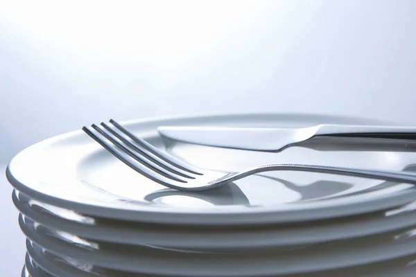 Fork Knife Stack White Plates — Stock Photo, Image