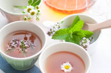 Bir fincan nane çiçeği ve papatya çayı.