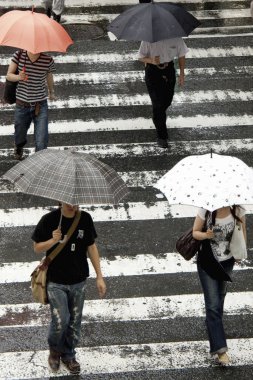 crowd of people with umbrellas crossing the road in the city on a rainy day 