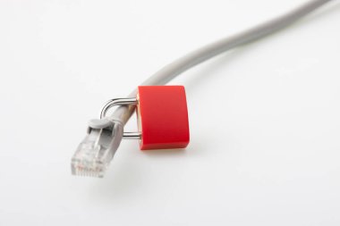 Beyaz arkaplana kilitlenmiş bilgisayar ağı kablosu. Güvenli internet bağlantısı kavramı