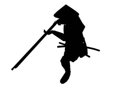 Beyaz arka planda izole edilmiş klasik tüfekli Japon savaşçısının silueti. 