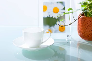 Çerçevelenmiş papatya fotoğrafının yanında duran beyaz çay fincanı.