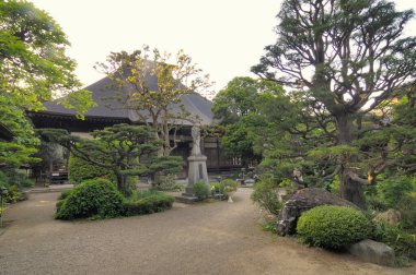 Bahçedeki ağaçlı geleneksel Japon tapınağı manzarası.