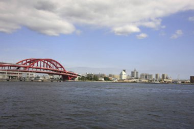 Şehir manzaralı binalar ve nehir üzerindeki köprü, Tokyo, Japonya