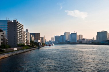Tokyo, Japonya 'da şehir manzarası nehir kıyısına uzanır.