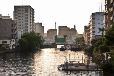 Sakin Sumida Nehri boyunca yükselen Tokyo gökdelenleri