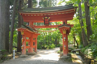 Japonya 'nın Hiraizumi kentindeki Iwaya Bishamondo Tapınağı' ndaki kırmızı kapı.