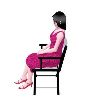 Çiçekli elbiseli Asyalı bir kadın sandalyede oturuyor. 