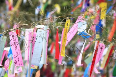 Tanabata ya da yıldız festivali sırasında asılı duran kağıt şeritleri üzerindeki dekorasyon ve dilekler