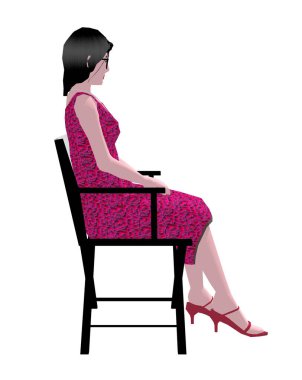 Çiçekli elbiseli Asyalı bir kadın sandalyede oturuyor. 