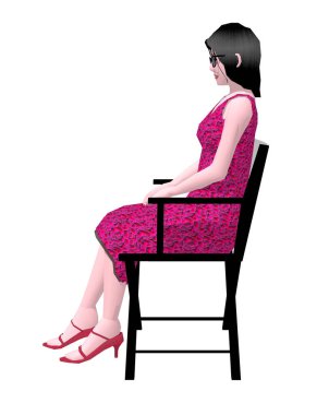 Çiçekli elbiseli Asyalı bir kadın sandalyede oturuyor. 