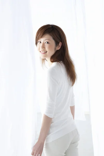 young asian woman with white background