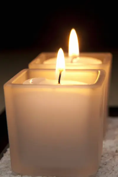 Close Burning White Candles Table — Foto Stock