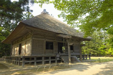 Geleneksel ahşap Japon binası yemyeşil ağaçlarla çevrili.