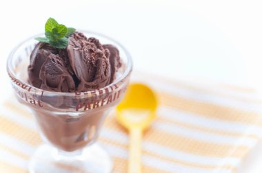 Masadaki cam kasede çikolatalı dondurma.