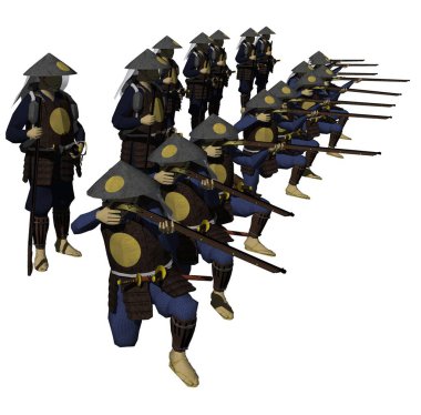 Beyaz arka planda izole edilmiş Japon Samuray tüfeklerinin 3D çizimi 