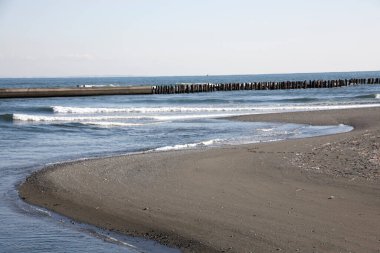 Güneşli bir günde kumlu plaj manzarası 
