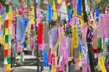 Tanabata ya da yıldız festivali sırasında asılı duran kağıt şeritleri üzerindeki dekorasyon ve dilekler