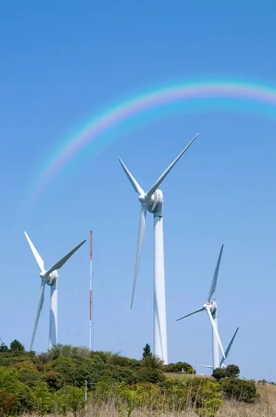 Wind Turbines Hill Rainbow Background Renewable Energy Concept — Stock Photo, Image