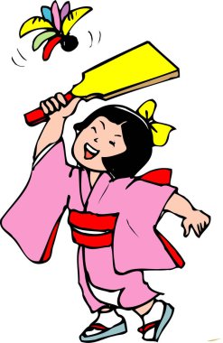 Kimono giyen gülümseyen kız geleneksel oyun oynuyor.