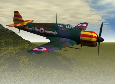 Mavi gökyüzü baackground üzerinde eski askeri uçağın üç boyutlu çizimi 