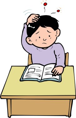 Masasında oturan kafası karışmış bir çocuk. 