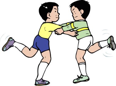 İki çocuk kavga ediyor ve birbirlerini tekmeliyor.