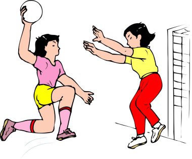 Yakartop ya da voleybol oynayan iki bayan sporcu bir spor müsabakasını resmediyor..