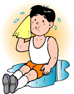 Çocuk dinleniyor, terini havluyla siliyor.