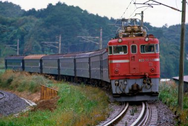 train moving on the railroad  on nature background in Japan