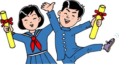 Diplomalı, okul üniformalı iki Asyalı çocuk. renkli sanat çizimi 