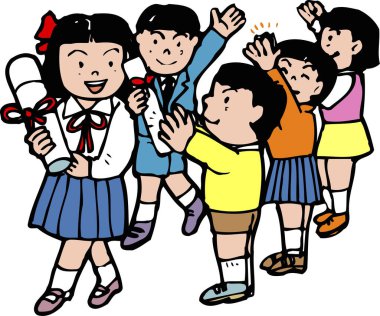 Üniformalı Japon öğrenciler. renkli sanat çizimi 