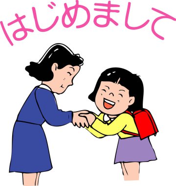 Gülümseyen kız el sıkışırken kadını selamlıyor.