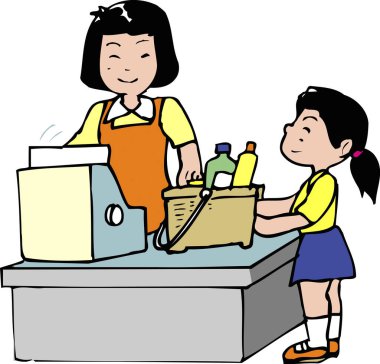 Gülümseyen kasiyer alışveriş yapan genç kıza yardım ediyor.