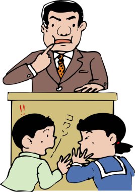 Çocuklar etrafta fısıldarken adam podyumda konuşuyor.