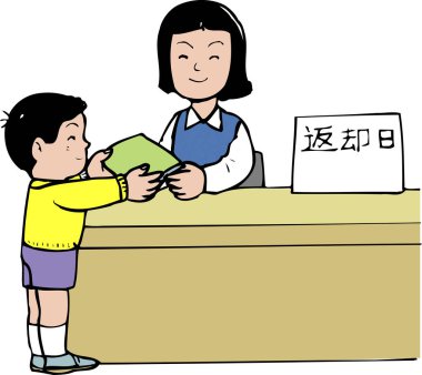 Çocuk kütüphane tezgahında gülümseyen kitapları iade ediyor