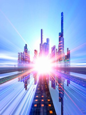 Işık saçan fütüristik şehrin 3B çizimi
