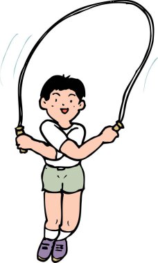 Beyaz arka planda izole edilmiş ip atlayan çizgi film çocuğu. 