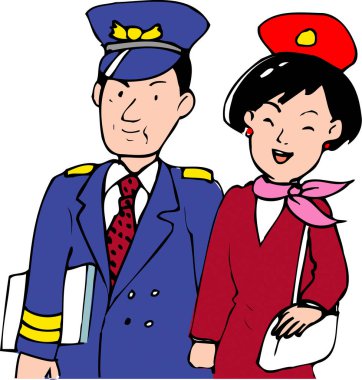 Bir erkek pilot ve bir kadın uçuş görevlisi birlikte gülümsüyor, havacılık profesyonellerini resmediyor..