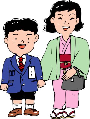 Japon ailesinin karikatür çizimi. Anne ve oğul. 