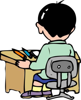 Çocuk masa başında çalışıyor, arka planda. 