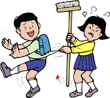 Kızgın kız süpürge kullanarak oğlanın gömleğini çekiyor.