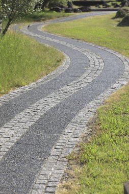 Yemyeşil çimenli taşlarla döşenmiş yol