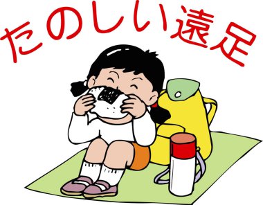 Tatlı bir kızın abur cubur yerken karikatür çizimi. 